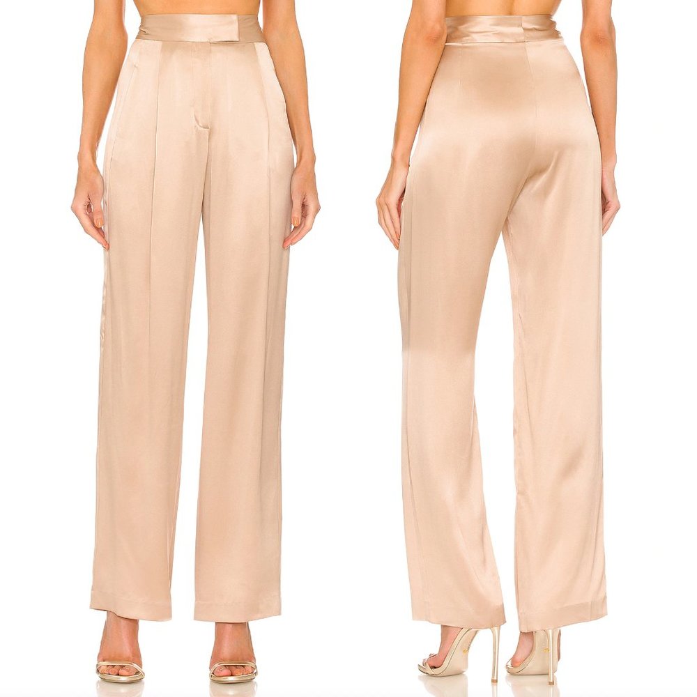 NEW The Sei x REVOLVE Wide Leg Trouser Pant Champagne Nude Tan Silk Size 4 Small